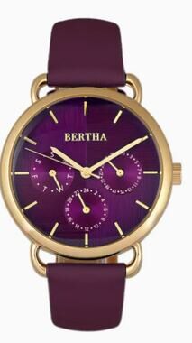 Bertha Gwen Purple Leather-Band Watch with Day and Date NIB with COA